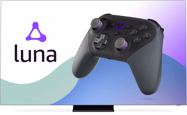 หน้าจอที่มีโลโก้และตัวควบคุม Amazon Luna